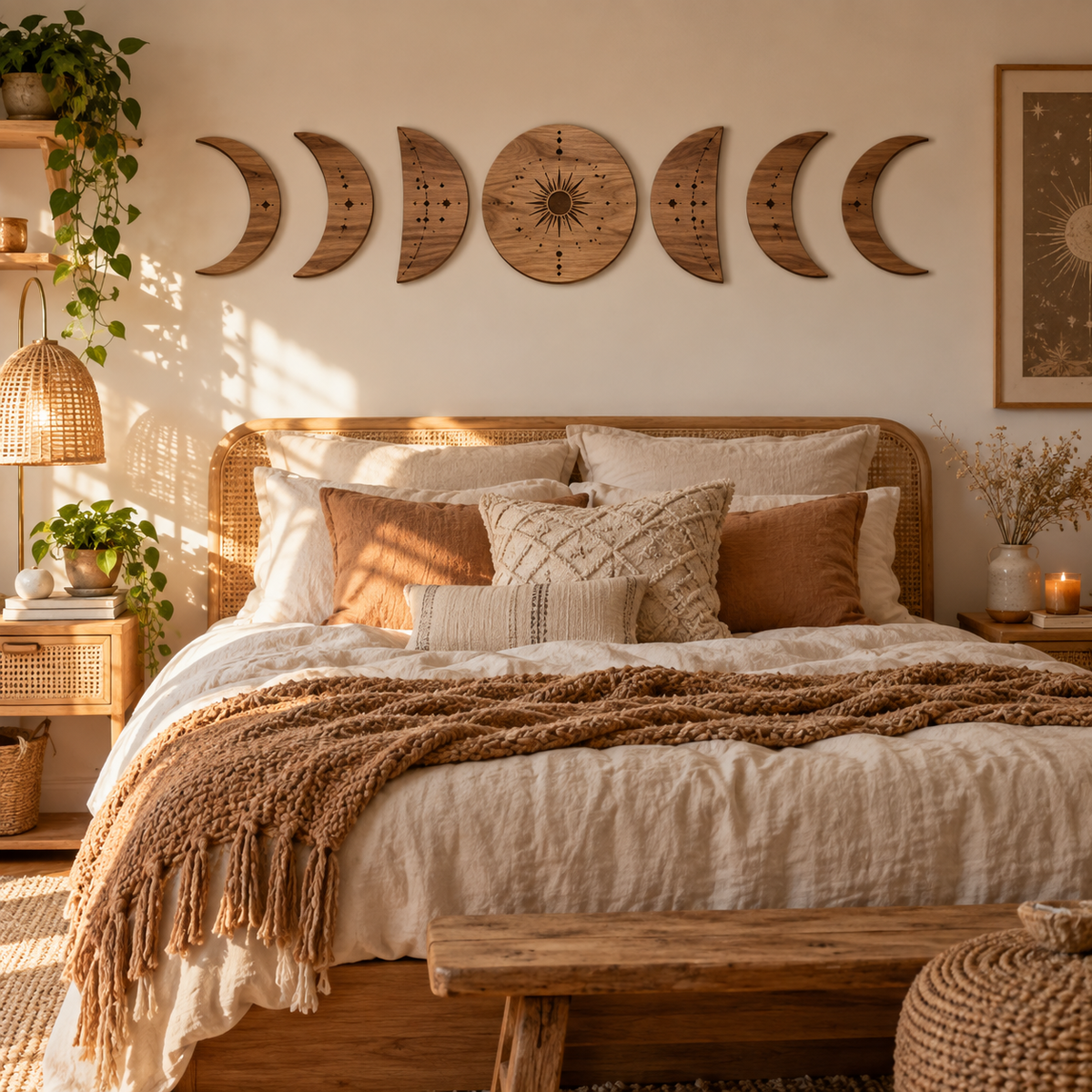 Wooden Moon Phase Wall Decor – Boho Handmade Celestial Wall Art for Bedroom & Home Decoration