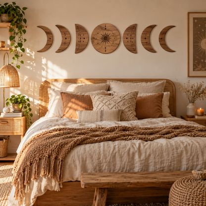 Wooden Moon Phase Wall Decor – Boho Handmade Celestial Wall Art for Bedroom & Home Decoration