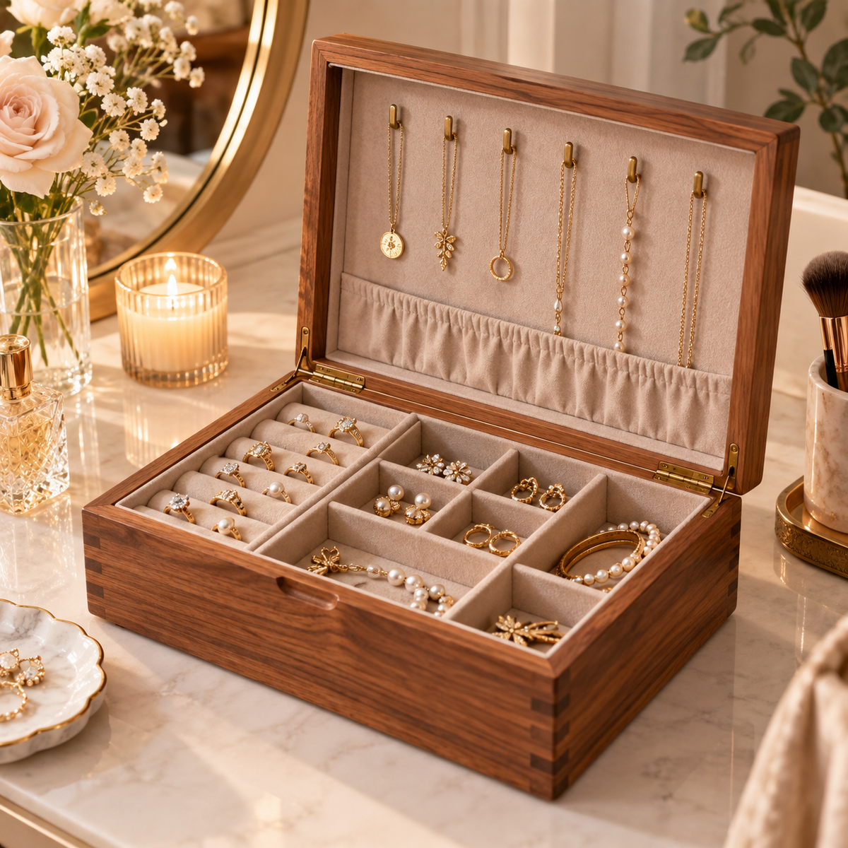 Wooden Jewelry Organizer Box – Handmade Jewelry Storage Display Case for Women