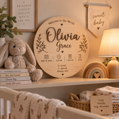 Personalized Wooden Birth Announcement Plaque – Custom Baby Name Keepsake Gift for Newborn