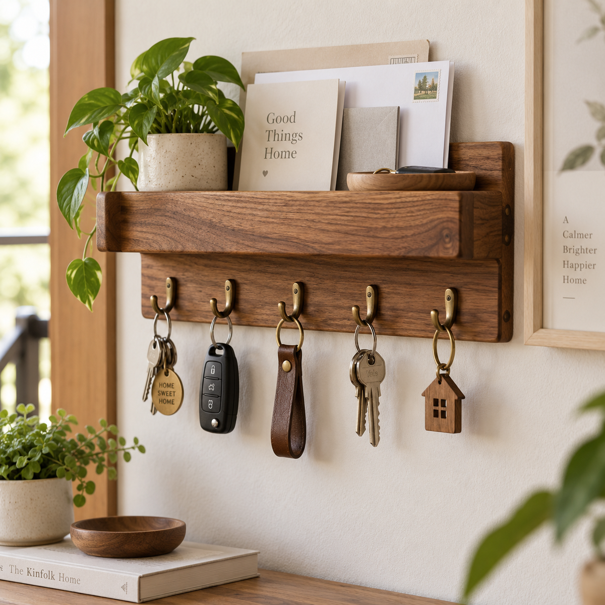 Wooden Key Holder Wall Rack – Handmade Entryway Organizer for Home Storage Decor