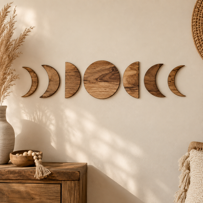 Wooden Moon Phase Wall Decor – Boho Handmade Celestial Wall Art for Bedroom & Home Decoration