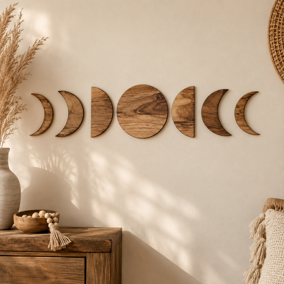 Wooden Moon Phase Wall Decor – Boho Handmade Celestial Wall Art for Bedroom & Home Decoration
