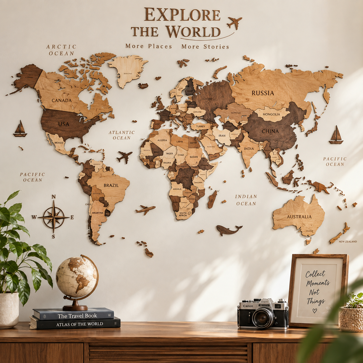 Wooden Puzzle Map – Handmade World Map Wall Decor & Interactive Family Travel Gift