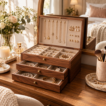 Wooden Jewelry Organizer Box – Handmade Jewelry Storage Display Case for Women