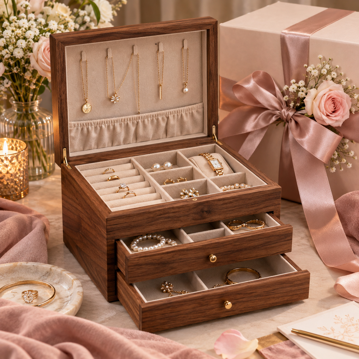 Wooden Jewelry Organizer Box – Handmade Jewelry Storage Display Case for Women